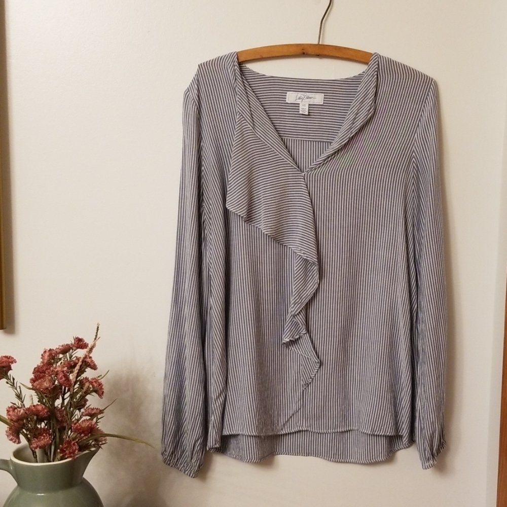 Libby Edelman blue pin stripe ruffle blouse